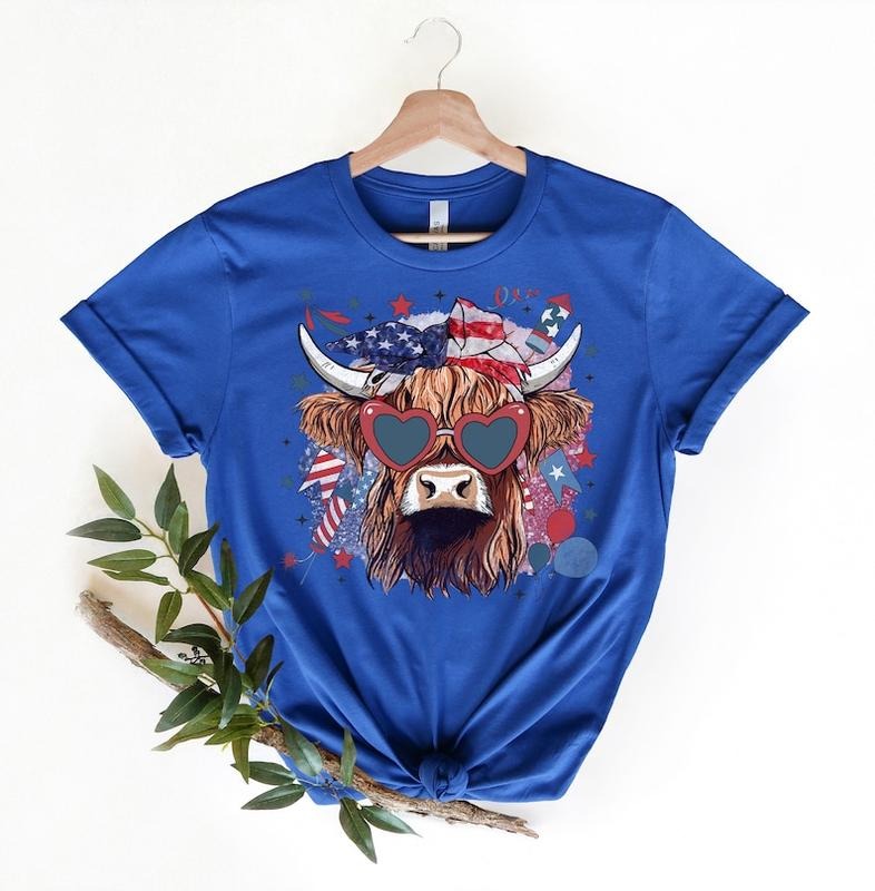 Highland Cow 4th Of July T-Shirt, Independence Day Shirt, American Cow T-shirt, Patriotic Shirt, Cow Lover Gift, Western 4th of July Tee