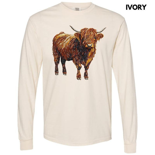 Highland Cow Faux Rhinestone Long Sleeve Comfort Colors T-Shirt