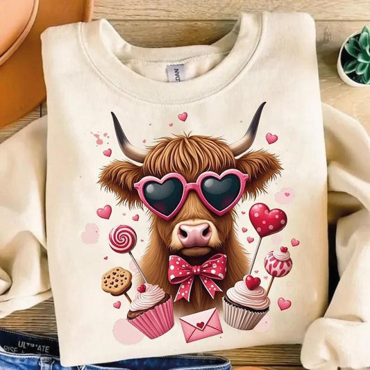 Highland Cow Valentine | Coquette Love Crewneck Sweatshirt | Retro Western Design