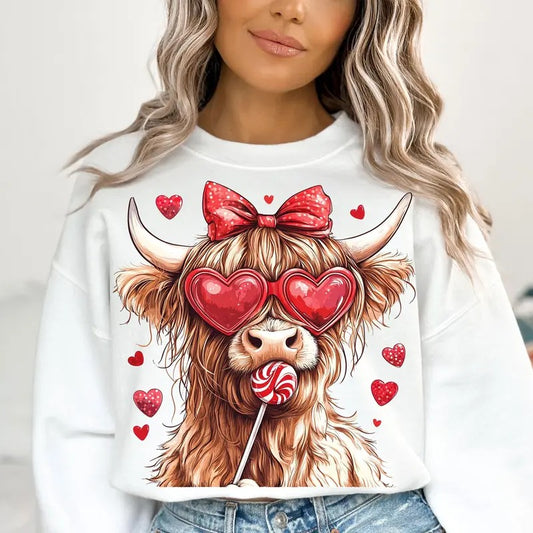 Highland Cow Valentine Coquette Bow Sweater, Valentine's Day, Retro Valentine Shirt, Valentine Heart, Love Gift