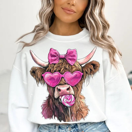 Highland Cow Valentine's Day Shirt, Coquette Valentine Heart Crewneck, Retro Love Sweatshirt, Romantic Holiday Sweater