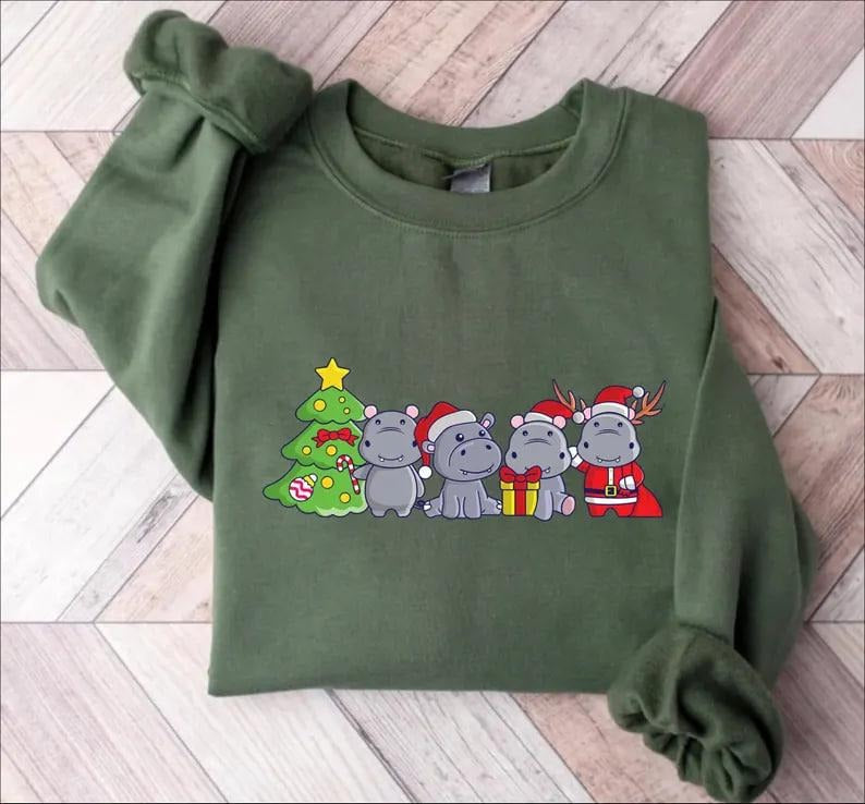 Hippopotamus Christmas Sweatshirt, Retro Hippo Christmas Light Sweatshirt, Hippo Lover Xmas Shirt, Hippo Christmas Crewneck, Christmas Gifts