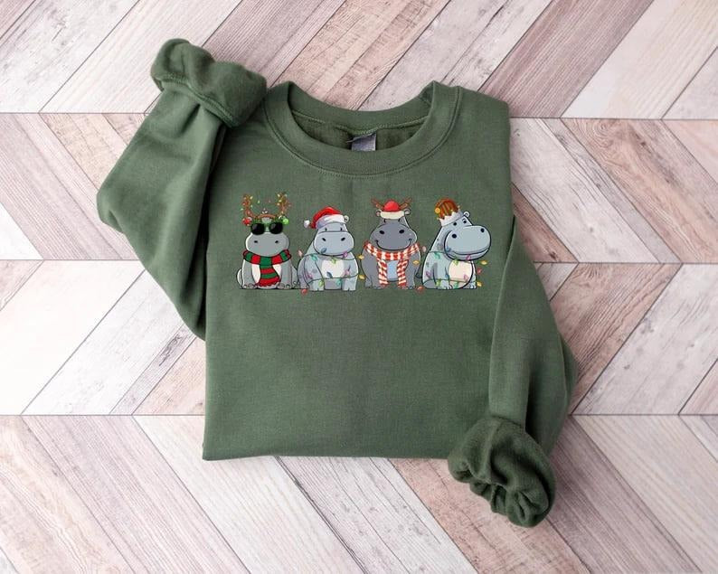 Hippopotamus Christmas Sweatshirt, Retro Hippo Christmas Light Sweatshirt, Hippo Lover Xmas Shirt, Hippo Christmas Crewneck, Christmas Giftsstyle{n002}2
