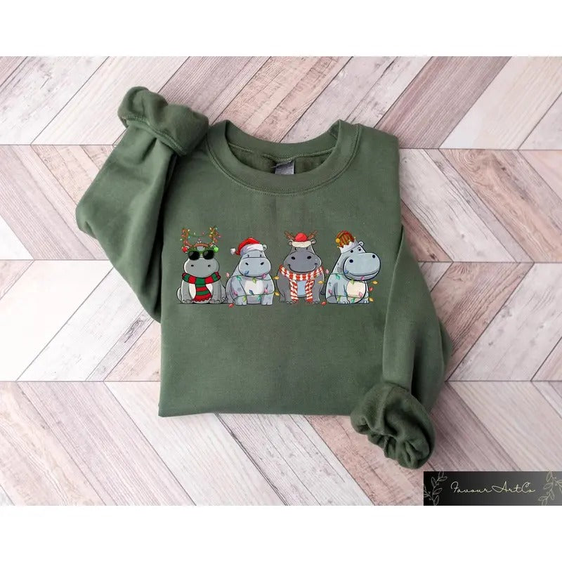 Hippopotamus Christmas Sweatshirt, Retro Hippo Christmas Shirt, Funny Holiday Sweater, Christmas Gift, Christmas Shirt, Womens Christmas Tee