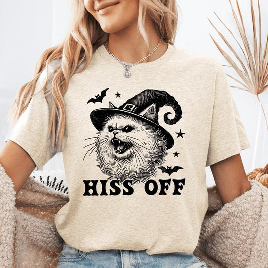 Hiss Off, Cat, Halloween Witch, Funny, Graphic Tee, Trendy Tshirt, Cotton Tshirt, Witch, Spooky, Ghost, Women's Graphic Tee