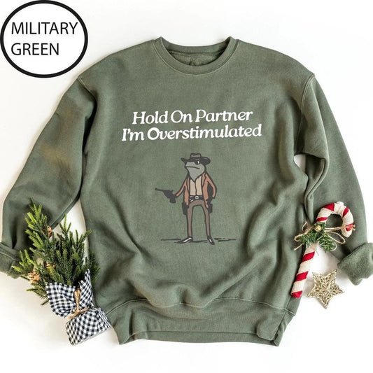 Hold On Partner Im Overstimulated Sweatshirt, Cowboy Frog Sweatshirt, Cowboy Frog Unhinged Shirt, Cute Animal Sweatshirt