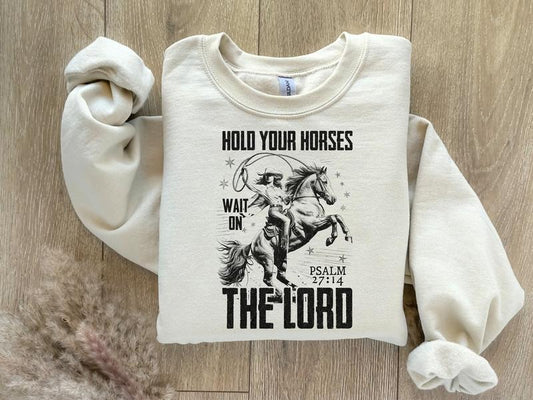 Hold Your Horses Christian Shirt Png Wait On The Lord Bible Verse T-shirt Western Faith-based Clothing Vintage Cowboy Shirts Horse  T-shirt, sweater and Hoodie