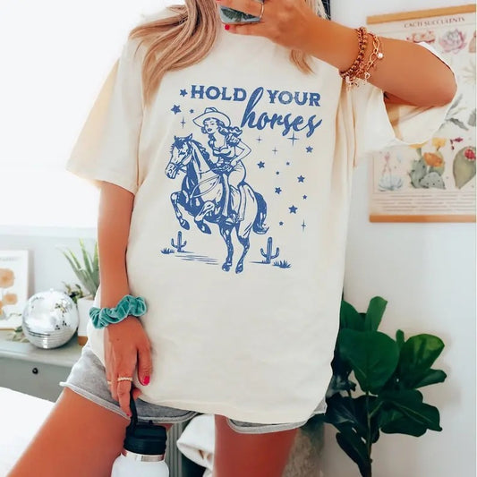 Hold Your Horses Colors T-Shirt, Retro Western Aesthetic Tee, Vintage Inspired Trendy Unisex T-Shirt, Wild West Country Girls Tee