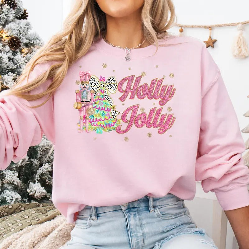 Holly Jolly Nutcracker Christmas Sweatshirt for Women - Loose Fit, Crew Neck, Unisex Size, Pink Blue - Fabric, Pullover