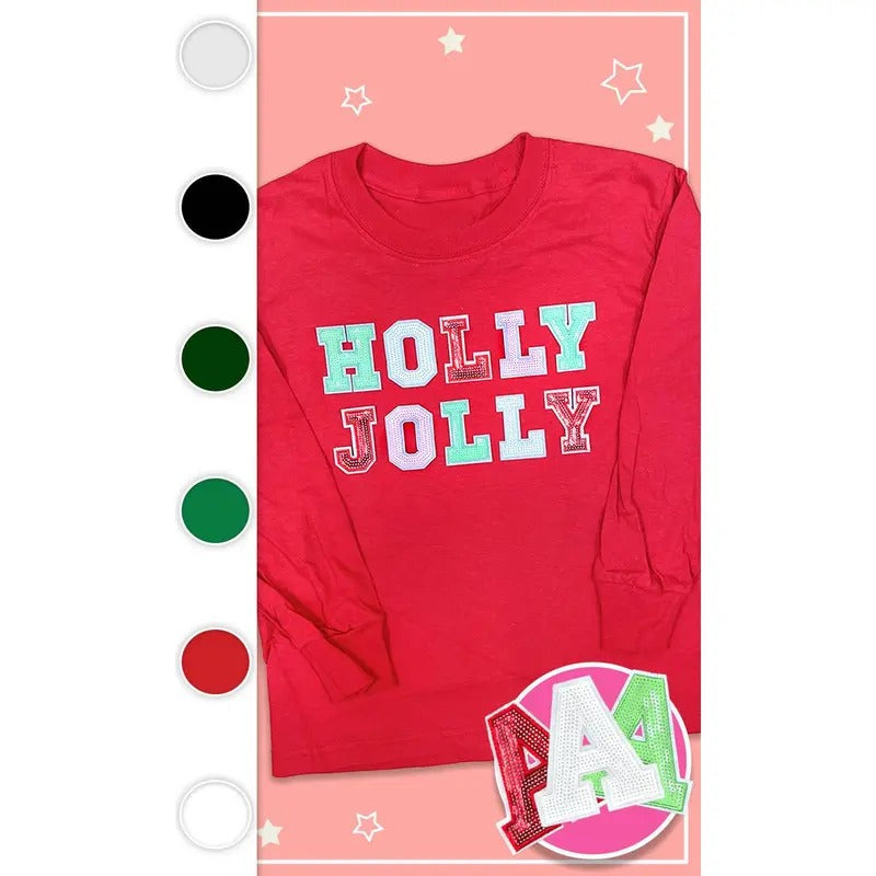 Holly Jolly Sequin Christmas Youth Graphic Long Sleeve T-Shirt