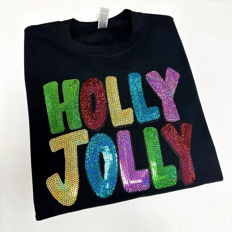 Holly Jolly Sequin Patch Gildan Sweatshirt -- BLACK