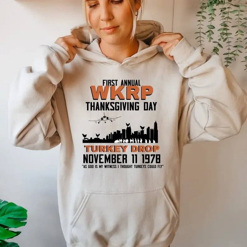 Vintage Thanksgiving Turkey Drop WKRP T-shirt/Sweatshirt/Hoodie, Classic Fit Tee, Unisex, 100% Cotton, Womenswear