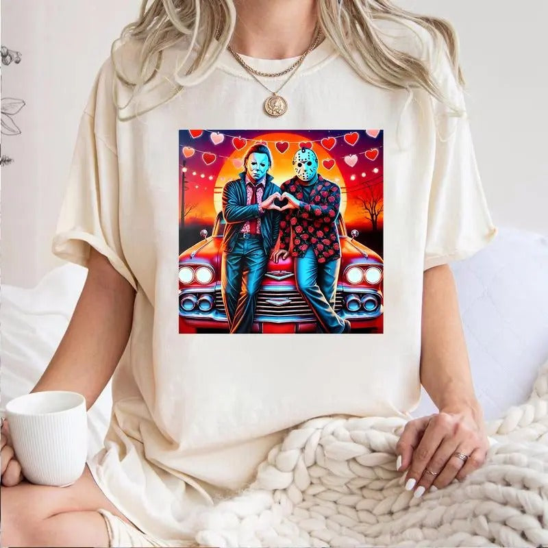 Horror Characters Valentine Shirt, Pink Heart Valentine Horror Sweatshirt, Scary Movie Valentine Shirt,  Love XOXO Heart