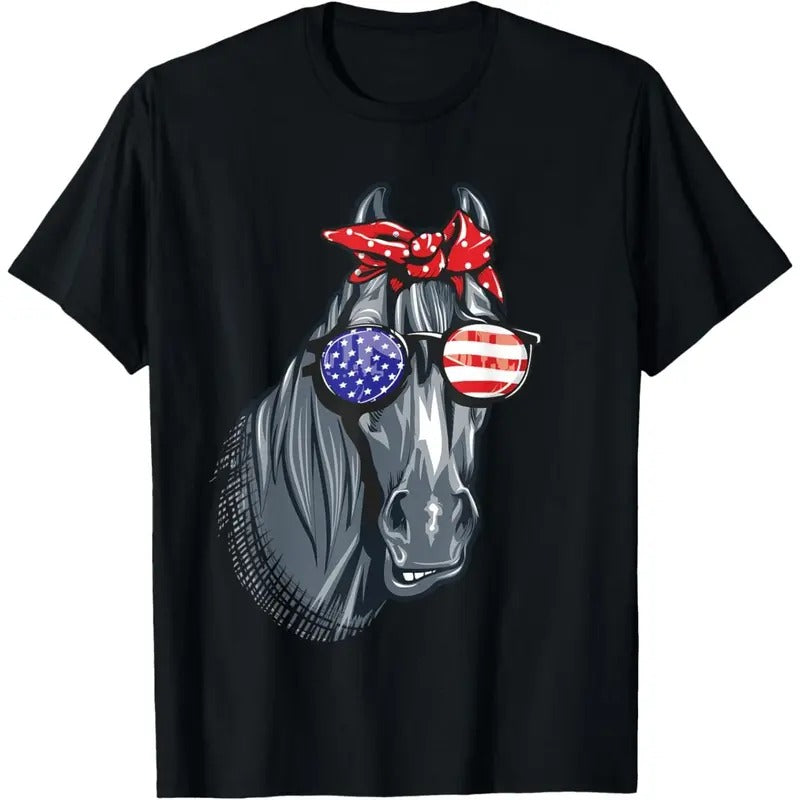Horse 4th of July Shirt Women Horse Graphic American Flag T-Shirt made in usa