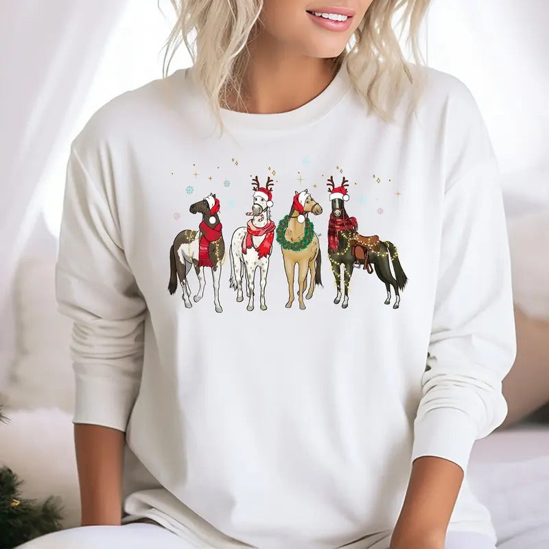 Horse Christmas Sweater, Horses In A Row Tee, Horse Lover Animal Christmas Shirt, Christmas Animals Shirt, Funny Horse Christmas Sweater, Cotton Crewneck