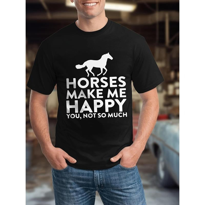 Horse Makes Me Happy" Men's T-Shirt - Soft, Breathable Cotton, Casual Short Sleeve, All-Season Wear, Black made in usa