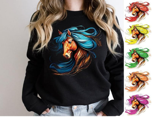 Horse Sweatshirt, Colorful Horse Hair Hoodie, Horse Lover Sweatshirt, Farm Animal Hoodie, Colorful Horse Head Sweater, Gift Sweater For Horse.