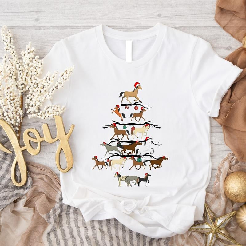 Horse Tree Shirt, Horse Christmas T-Shirt, Animal Lover Xmas Tee, Horse Lover Xmas Gift Tee, Cowboy Christmas Shirt, Western Christmas Farm Tee.