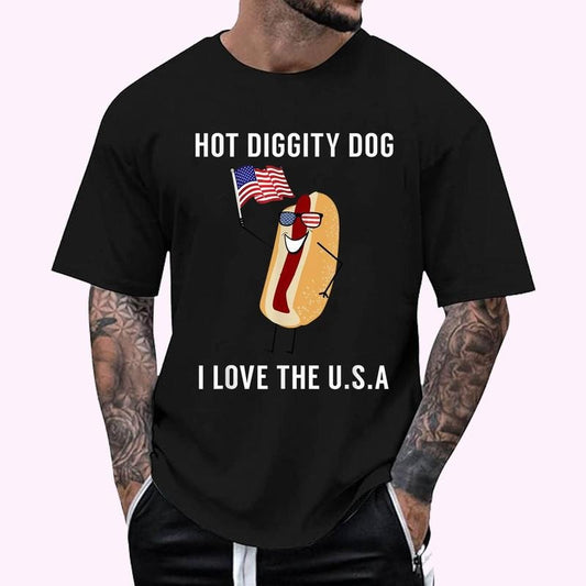 Hot Diggity Dog I Love USA - Funny Fourth of July T-Shirt - Men's Regular Fit Letter Graphic Round Neck Tee, Casual Short Sleeve, Crew Neck Shirt for Summer, Fashion Men's Top for daily Wear, Graphic Tees