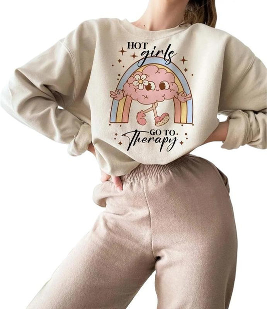 Hot Girls Go To Therapy Sweatshirt, Mental Health Funny Sweatshirt, Retro T Shirt Design, Groovy Mental Health Tee, Cute Brain Gift, Unisex Sweatshirt, Short Sleeve Tee Shirt, Gifts For Birthday Mothers Day Christmas