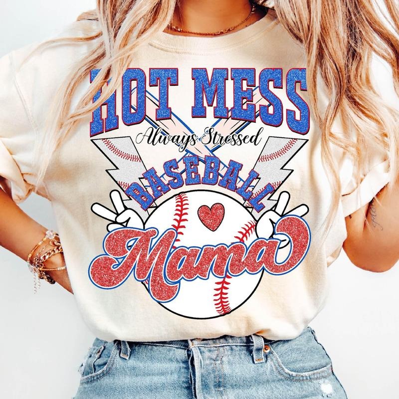 Hot Mess Always Stressed Baseball Mama T-Shirt, Sports Mom Shirt, Baseball Mom Shirt, Game Day T-Shirt, Baseball Coquette, Retro Baseball T-Shirt