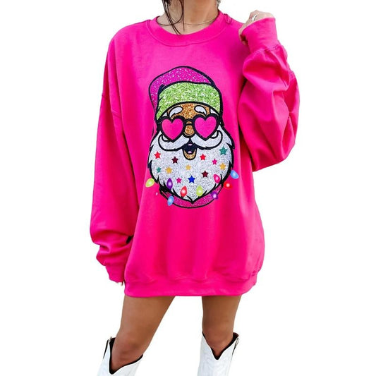 Hot Pink Glitter Santa Graphic Sweatshirt