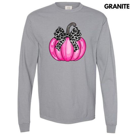 Hot Pink Leopard Bow Pumpkin Long Sleeve Comfort Colors T-Shirt 'NLB'