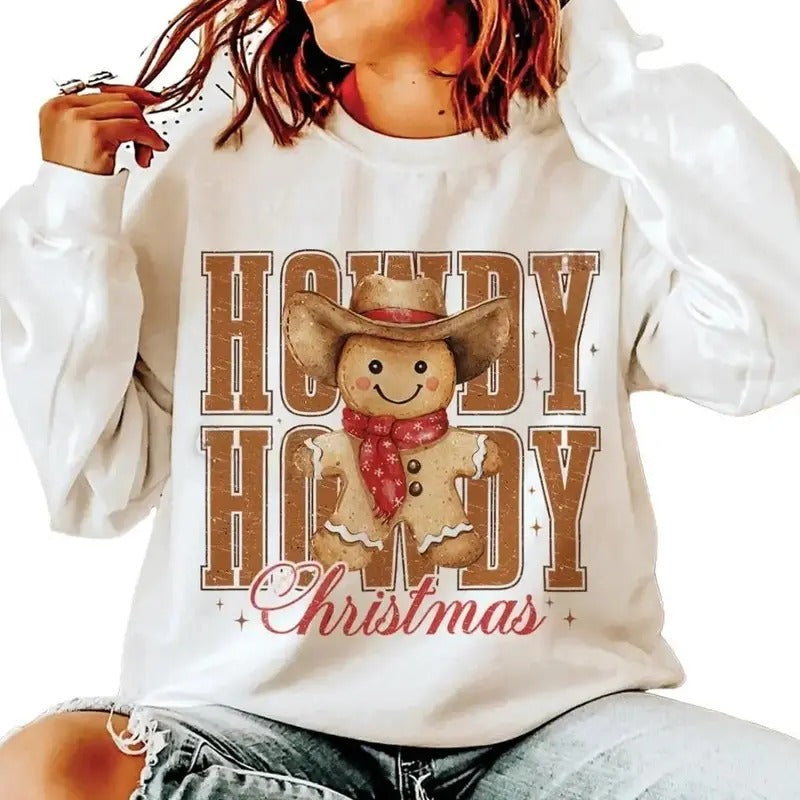 Howdy Christmas Season Shirt, Christmas Western, Christmas Gingerbread Man Crewneck Sweater, Retro Howdy Shirt