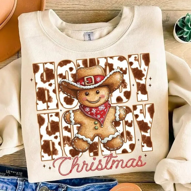 Howdy Christmas sweatshirt,hoodie,tshirt, Howdy Gingerbread Man Cowprint Sweatshirt, Retro Western Christmas Season Clothing, Unisex