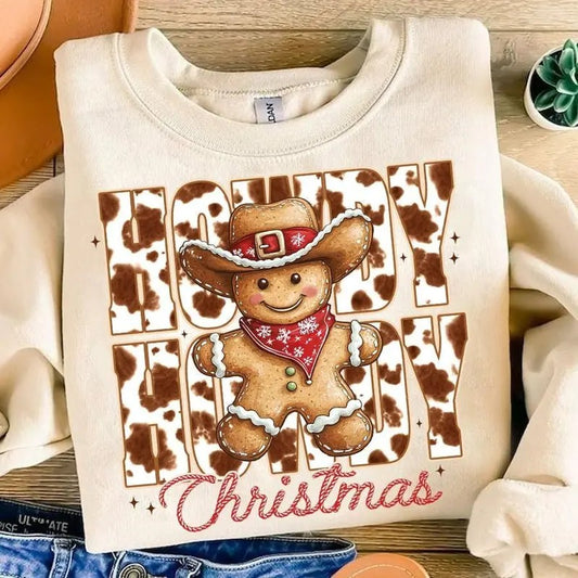 Howdy Christmas sweatshirt,hoodie,tshirt, Howdy Gingerbread Man Cowprint Sweatshirt, Retro Western Christmas Season Clothing, Unisex