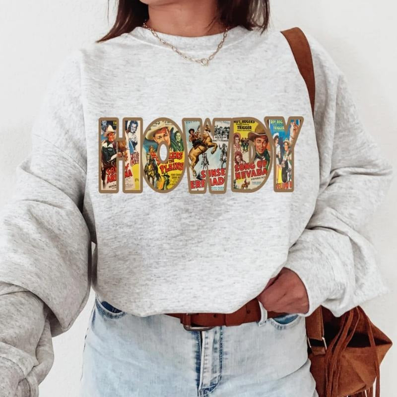 Howdy Vintage Collage Sweatshirt, Crewneck Graphic SweatShirt, cowgirl outfits, western outfit women, western tops, western tops, rodeo outfits women, shirt sweatshirt hoodie