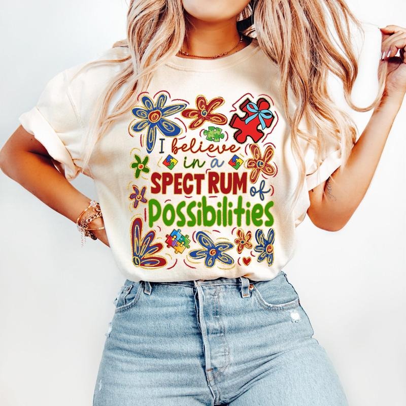 I Believe In A Spectrum Of Possibilities T-Shirt, Boho Autism Awareness Coquette T-Shirt, Retro Autism Bow T-Shirt, Autism Mama T-Shirt, Neurodiversity T-Shirt