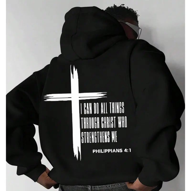 I Can Do All Things Through Christ 2 Siđed  Hoodie, Faith Shirt Casual Street Style Fleece Pullover Hooded Sweatshirt Tops Trendy for Unisex, Perfect Gift