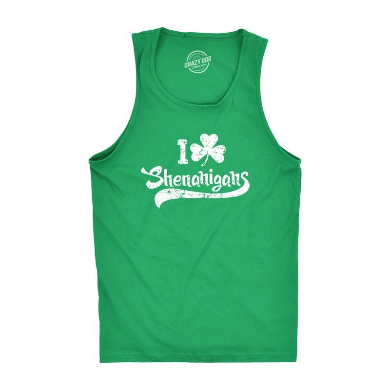 I Clover Shenanigans Tank Top Funny Shirt for Saint Patricks Day St Patty Outfit Funny Workout Shirt for Men with Plus Sizes Saint Patrick's Day Tank Top for Men Funny Drinking Sleeveless Tee Novelty Green