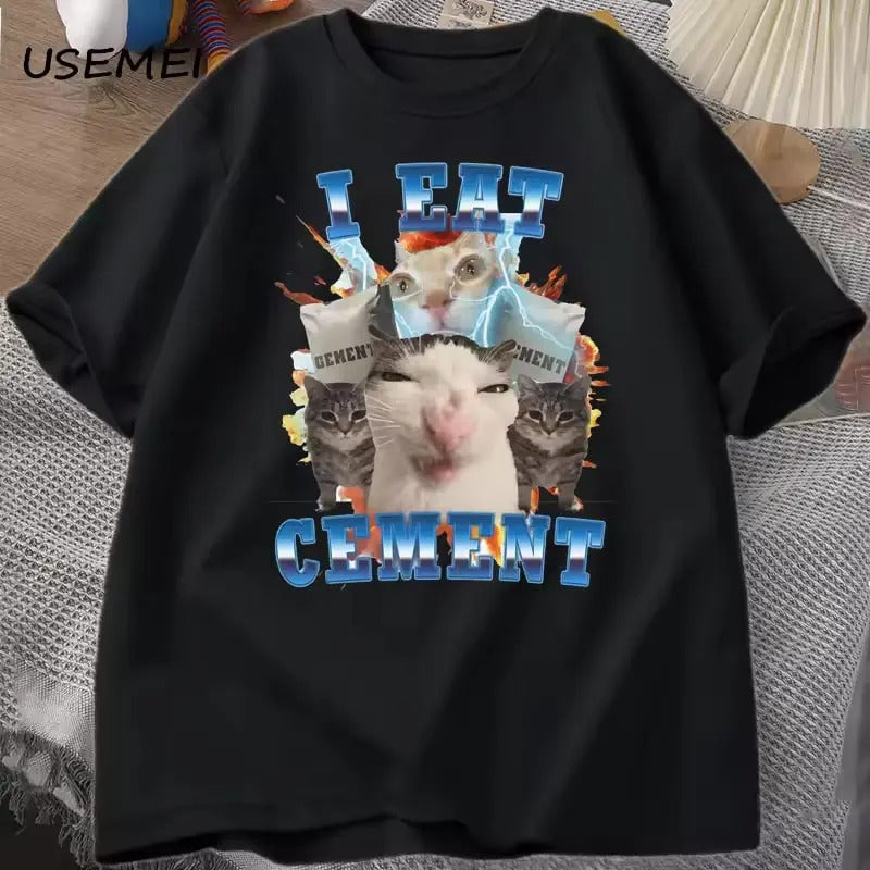 I Eat Cement Funny Cat Meme Vintage Graphic Tee Shirt Cotton Short Sleeve Stupid Ugly Cats Printed T Shirt Casual O Neck Graphic Tees Menswear Top