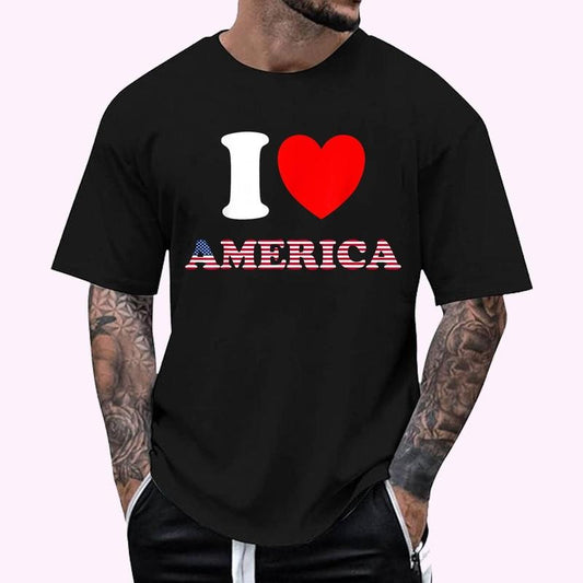 I Heart America, I Love America - Fun United States, US Flag T-Shirt - Men's Regular Fit Letter Graphic Round Neck Tee, Casual Short Sleeve, Crew Neck Shirt for Summer, Fashion Men's Top for daily Wear, Graphic Tees