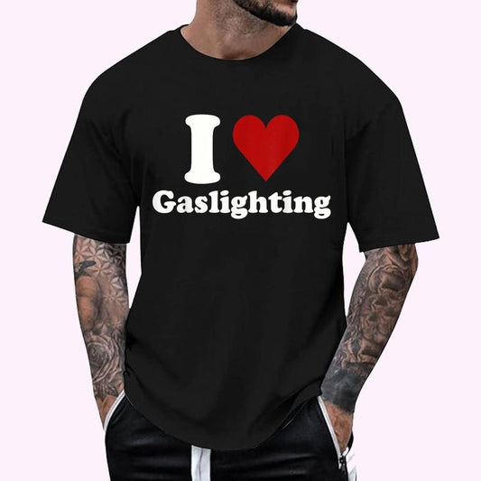 I Heart Gaslight Lover Funny T-Shirt - Men's Regular Fit Letter Graphic Round Neck Tee, Casual Short Sleeve, Crew Neck Shirt for Summer, Fashion Men's Top for daily Wear, Graphic Tees