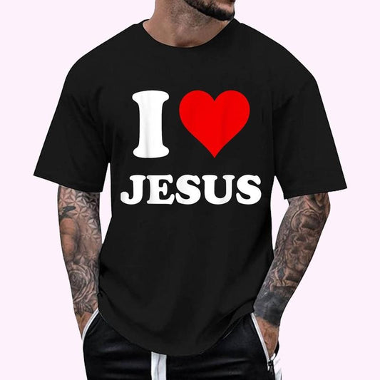 I Heart Jesus I Love Jesus T-Shirt - Men's Regular Fit Letter Graphic Round Neck Tee, Casual Short Sleeve, Crew Neck Shirt for Summer, Fashion Men's Top for daily Wear, Graphic Tees