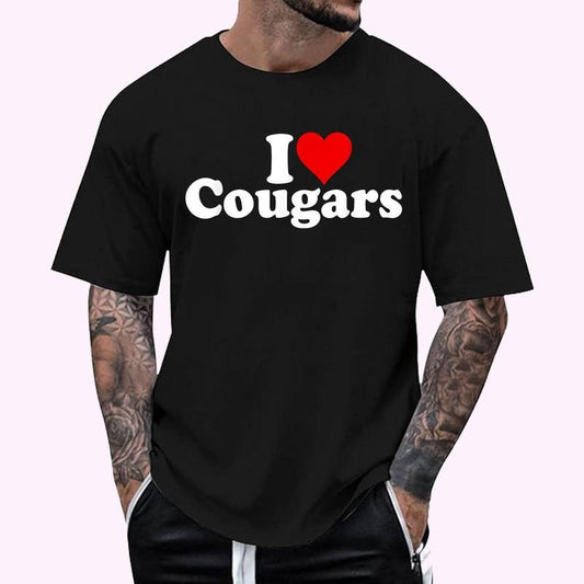 I Heart My Cougar T-Shirt - Men's Regular Fit Letter Graphic Round Neck Tee, Casual Short Sleeve, Crew Neck Shirt for Summer, Fashion Men's Top for daily Wear, Graphic Tees