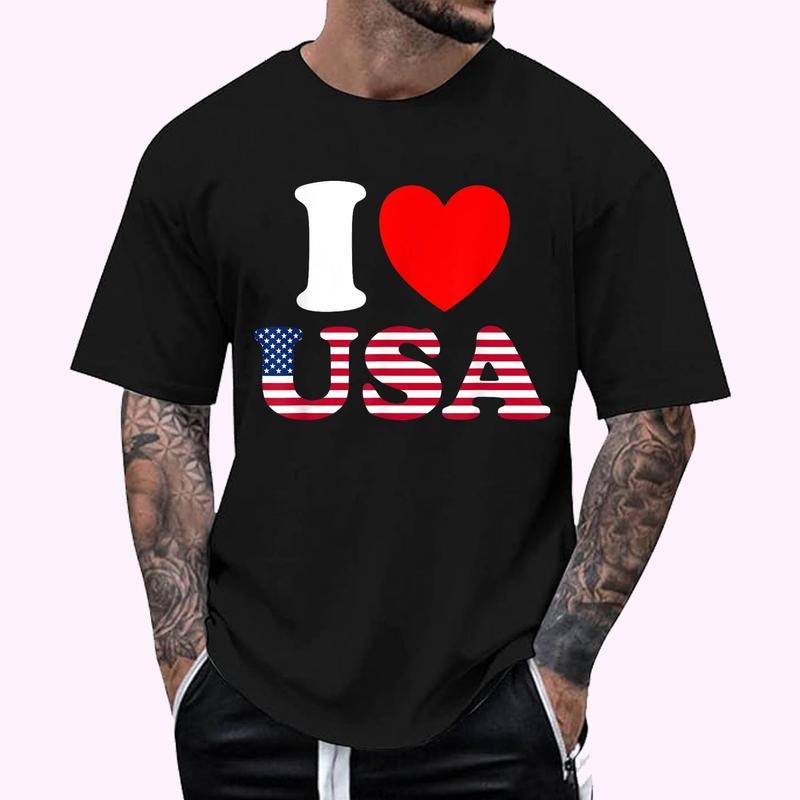 I Heart USA, I Love USA - Fun United States of America T-Shirt - Men's Regular Fit Letter Graphic Round Neck Tee, Casual Short Sleeve, Crew Neck Shirt for Summer, Fashion Men's Top for daily Wear, Graphic Tees