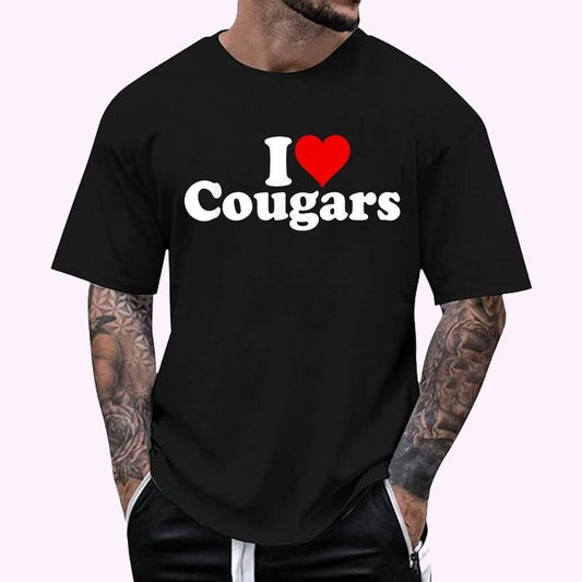 I LOVE HEART COUGARS SEXY OLDER WOMEN T-Shirt - Men's Regular Fit Letter Graphic Round Neck Tee, Casual Short Sleeve, Crew Neck Shirt for Summer, Fashion Men's Top for daily Wear, Graphic Tees