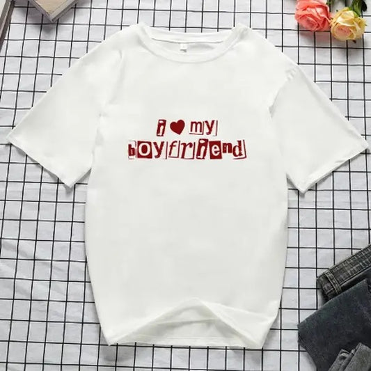 I LOVE MY BOYFRIEND Summer Short Sleeve Graphic Harajuku T-Shirt Womens Aesthetic Clothes Chic Streetwear EMO Girls, Gift For Him, Gift For Her Casual Cotton