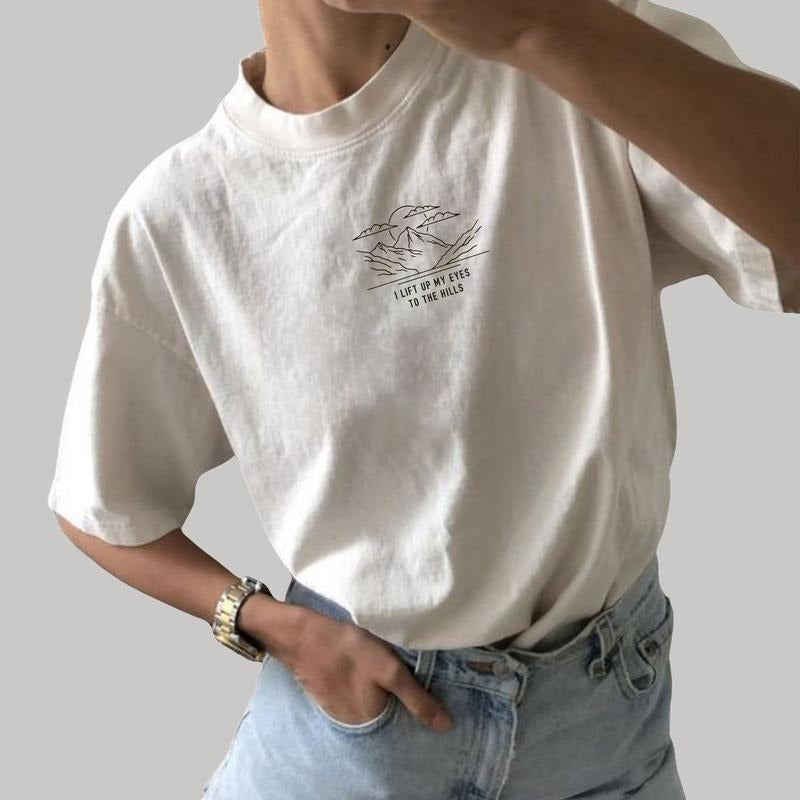 I Lift Up My Eyes To The Hills Shirt, Aesthetic Christian Tee, Jesus Apparel, Mountains Religious Shirt For Women, Christian Believer Shirt, Bible Verse Shirt, Comfort Cotton Unhinged Tee, Casual Women's Tops, Oversized Womenswear, Relaxed Fit Chic Style