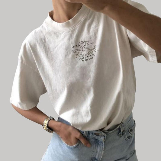 I Lift Up My Eyes To The Hills Shirt, Aesthetic Christian Tee, Jesus Apparel, Mountains Religious Shirt For Women, Christian Believer Shirt, Bible Verse Shirt, Comfort Cotton Unhinged Tee, Casual Women's Tops, Oversized Womenswear, Relaxed Fit Chic Style