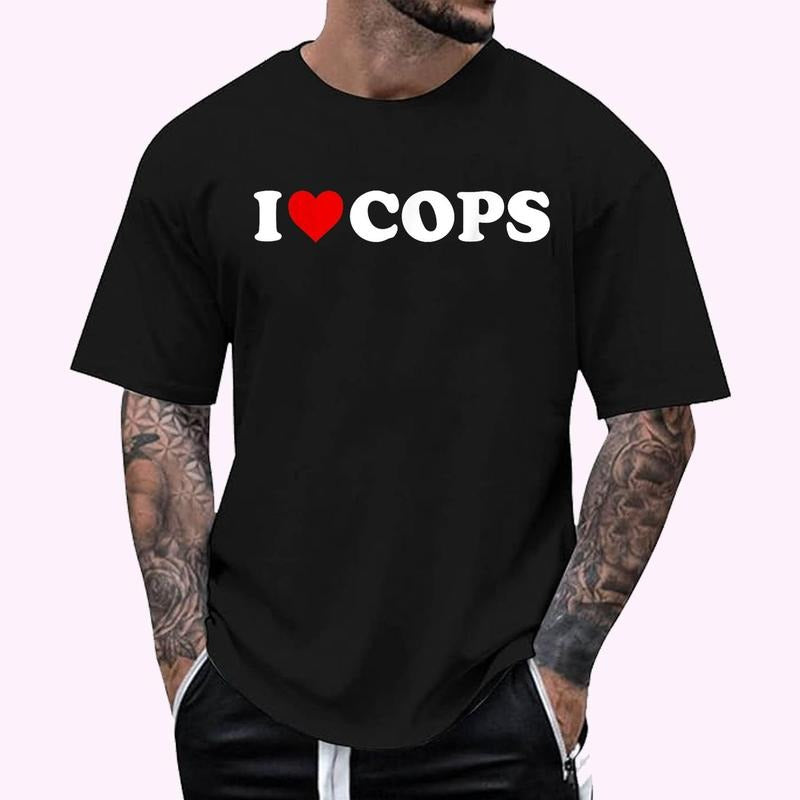 I Love Cops - Heart T-Shirt - Men's Regular Fit Letter Graphic Round Neck Tee, Casual Short Sleeve, Crew Neck Shirt for Summer, Fashion Men's Top for daily Wear, Graphic Tees