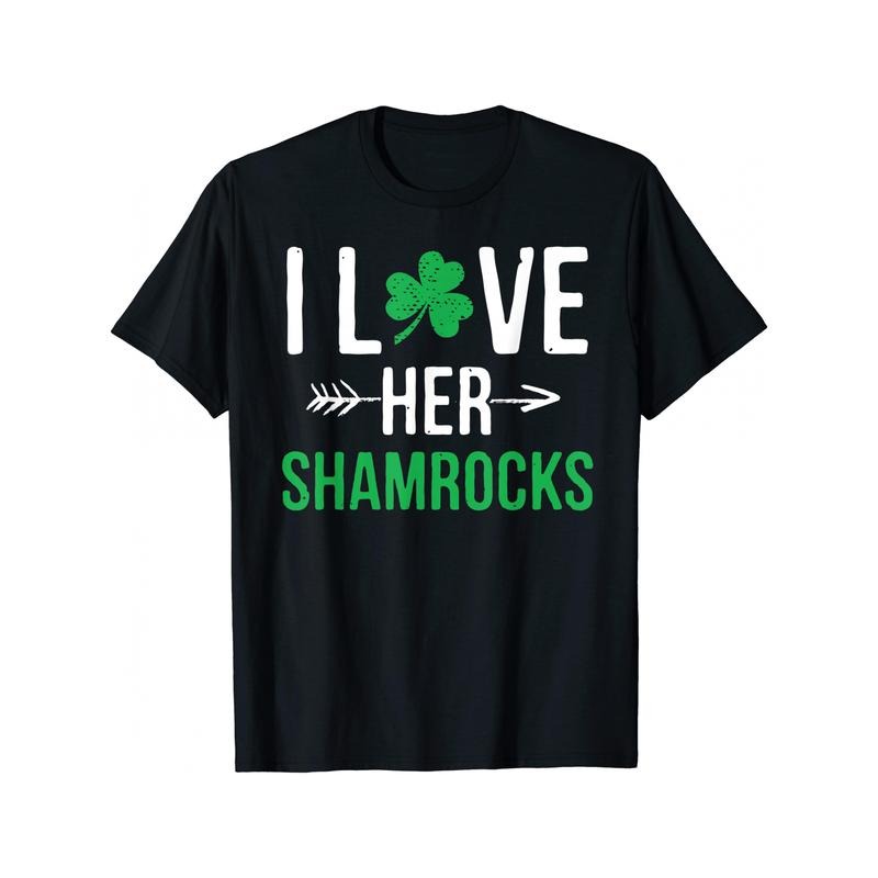 I Love Her Shamrocks" T-Shirt - Men'S & Women'S Black Cotton Tee with Green Clover Print, Round Neck, Short Sleeve, Ideal for St. Patrick'S Day, Daily Wear & Outdoor Activities made in usa