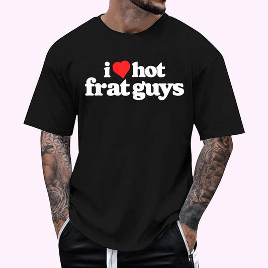 I Love Hot Frat Guys College Funny 80s Vintage Heart T-Shirt - Men's Regular Fit Letter Graphic Round Neck Tee, Casual Short Sleeve, Crew Neck Shirt for Summer, Fashion Men's Top for daily Wear, Graphic Tees