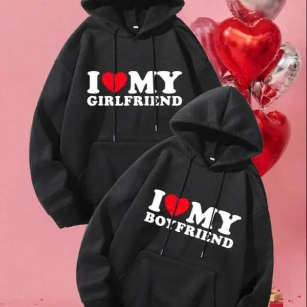 I Love My Boyfriend Monogram Graphic Pullover Casual Menswear Hoodie, Hoodies Trendy, Stylish Streetwear Kangaroo Pocket Long Sleeve Hooded Sweatshirt for Outdoor, Soft Tops for Man