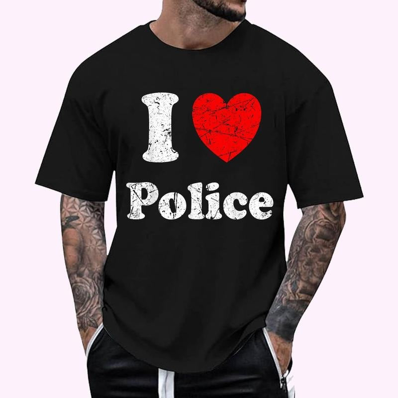 I Love Police Graphic T-Shirt - Men's Regular Fit Letter Graphic Round Neck Tee, Casual Short Sleeve, Crew Neck Shirt for Summer, Fashion Men's Top for daily Wear, Graphic Tees