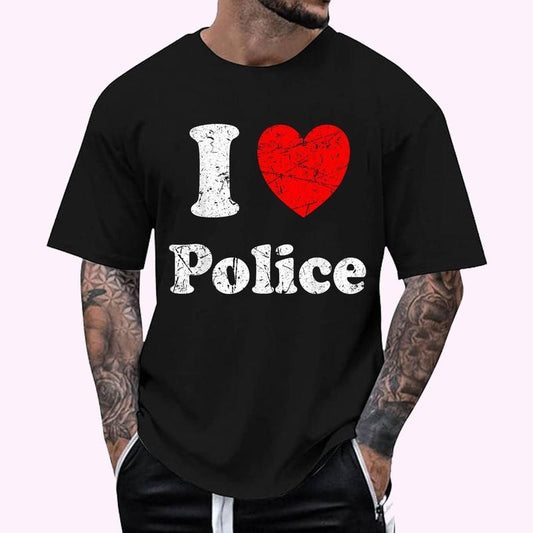 I Love Police Graphic T-Shirt - Men's Regular Fit Letter Graphic Round Neck Tee, Casual Short Sleeve, Crew Neck Shirt for Summer, Fashion Men's Top for daily Wear, Graphic Tees